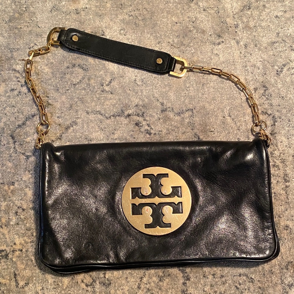 Tory Burch Black Leather Clutch with Gold Logo